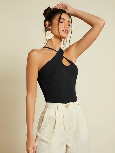 SHEIN Criss Cross Rib-knit Top | SHEIN USA Over Top Outfit, Black Sleeveless Top Outfit, Sleeveless Top Outfit, Cafe Outfit, Cross Over Top, Womens Halter Tops, Rib Knit Top, Top Shein, Black Sleeveless Top