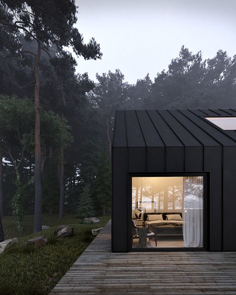 Forest house on Behance House Minimalist, Nordic House, Architecture Modern, Modern Barn House, Barn Style House, Modern Barn, Black House Exterior, Cabin In The Woods, Modern Cabin