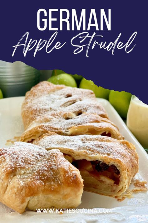 Homemade apple strudel is easier to make than you might think. With just basic ingredients, store bought puff pastry, and fresh apples you are sure to have a delicious German-style strudel in under an hours time. Add an additional layer of flavor by making a homemade vanilla sauce. Czech Apple Strudel Recipe, Gluten Free Apple Strudel Recipe, German Apple Strudel Puff Pastry, Apple Strudel Recipe Puff Pastry, Dinner Recipes Pork Tenderloin, Apfelstrudel Recipe, Apple Strudel Puff Pastry, German Apple Strudel Recipe, Apple Streudel