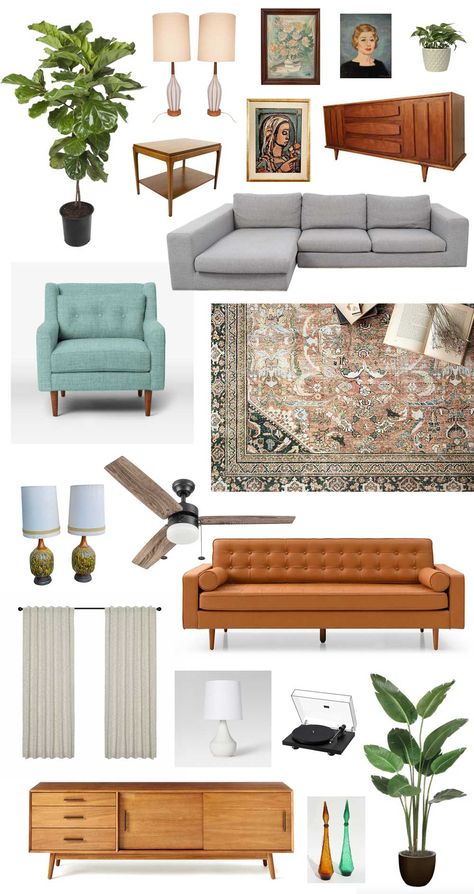 New Home Mood Board: Sunroom - Dream Green DIY Midcentury Boho Living Room, Mood Board Color Palettes, Home Mood Board, Mid Century Boho Living Room, Mid Century Modern Living Room Decor, Living Room Mood Board, Mood Board Living Room, Mcm Living Room, Room Mood Board