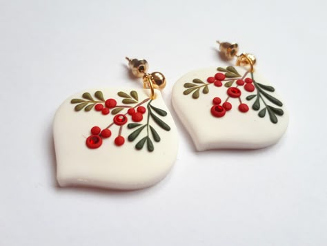 Dangle Christmas Clay Earrings, Christmas Polymer Clay Earrings, Christmas Clay Jewelry, Unique handmade Christmas gift for women, Mom gift These are unique, handmade, polymer clay earrings with winter flower motifs with Swarowski crystal. These beautiful earrings are pieces of original and unique artwork. The method is known as 'appliqued technique'. Using tiny pieces of clays and a sharp needle. I don't use molds to prepare my jewelry.  Each small parts of the motifs are made by hand and place Winter Polymer Clay Earrings, Christmas Earings, Polymer Clay Christmas Earrings, Clay Christmas Earrings, Christmas Clay Earrings, Cercei Din Lut Polimeric, Clay Earrings Christmas, Christmas Polymer Clay, Christmas Mistletoe