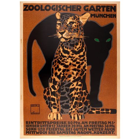 Original Antique Poster by Hohlwein for Munich Zoo - Zoologischer Garten Munchen Ludwig Hohlwein, Leopard Print Background, Wall Cover, Vintage Advertising Signs, Dream Outfits, Vintage Apple, Posters Wall, Top Art, Wall Posters