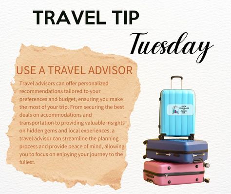 Welcome to Travel Tip Tuesday! 🌍✈️ Every Tuesday, we'll be sharing insightful tips, tricks, and advice to make your travel experiences smoother, more enjoyable, and hassle-free. Whether you're a seasoned globetrotter or a first-time explorer, stay tuned for valuable insights to enhance your journeys! #PackYourBagsAndCarryOn #TravelTipTuesday #TravelSmart Travel Consultant Business, Travel Tip Tuesday, Travel Agent Career, Travel Consultant, Engaging Posts, Travel Tips And Tricks, Travel Tuesday, Travel Marketing, Tip Tuesday