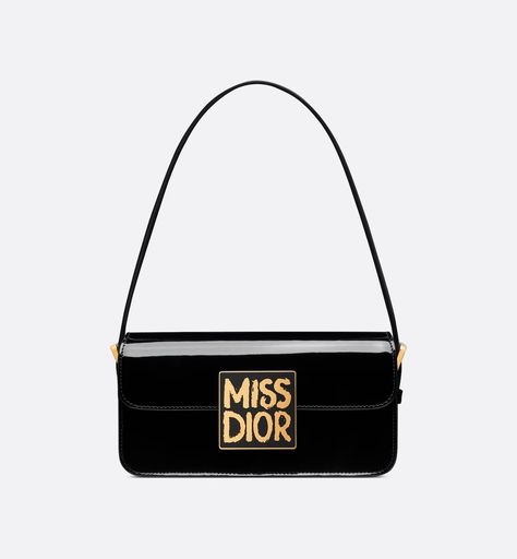 Miss Dior Flap Bag Black Patent Calfskin | DIOR Graffiti Signature, Miss Dior Bag, Dior Star, Enamel Plate, Dior Book Tote, Bag Women Fashion, Star Shoes, Wallet Pouch, Backpack Tote Bag