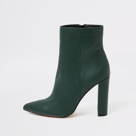 Dark green pointed toe block heel boots Dark Green Heels, Pretty Frocks, Fly Boots, Closet Collection, Ladies Boots, Green Heels, Block Heel Boots, Faux Leather Fabric, Crazy Shoes