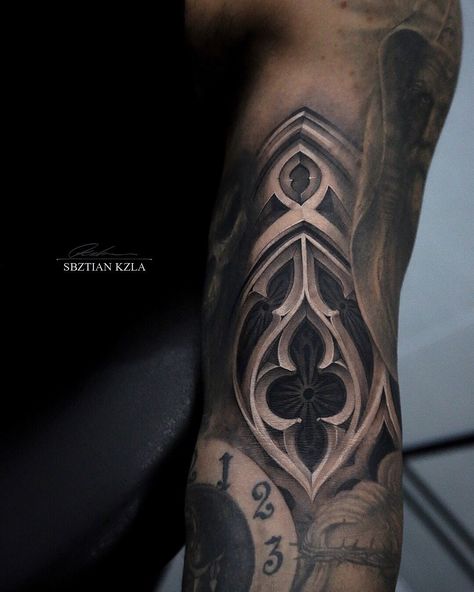 Venetian Tattoo Sleeve, Goth Tattoo Forearm, Greek Window Tattoo, Realism Filler Tattoo, Greek Mythology Arm Sleeve Tattoo, Mens Tattoo Ideas Sleeve Inspiration Men, Gothic Tattoos Men, Gate Tattoo Design, Church Window Tattoo Design