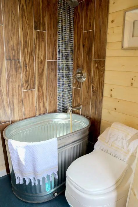 Beachy Bohemian | Tiny Heirloom Tiny Cabin Bathroom, Galvanized Bathtub, Tiny House Bathtub, Rustic Bathtubs, Tiny House Bathroom Ideas, Bathroom Shower Design, Cabin Bathrooms, Small Showers, Tiny House Bathroom