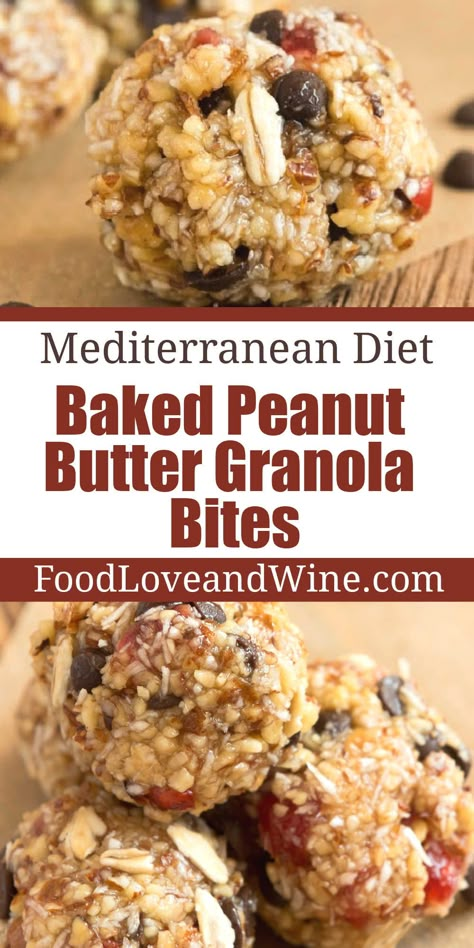 Baked Peanut Butter Granola Bites, a healthier snack or cookie option that is Mediterranean diet and vegetarian diet friendly Mediterranean Cookie Recipes, High Protein Mediterranean Snacks, Cardiac Diet Snacks, Mediterranean Diet Dessert Recipes Healthy, Meditterean Snacks, Mediterranean Snack Plate, Medditeranean Snack Ideas, Mediterranean Diet Snacks Ideas On The Go, Mediterranean Diet Crackers