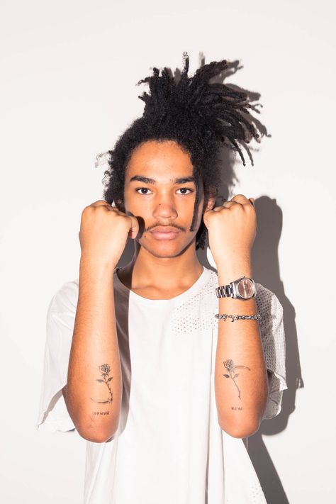 Inside Model and Stylist Luka Sabbat’s Closet: Rose Tattoos | coveteur.com Luka Sabbat Tattoos, Luka Sabbat Grownish, Lukas Sabbat, Luca Sabbat, Lukka Sabbat, Rose Tattoo Men, Luka Sabbat, D Rose, Corte De Cabelo Masculino