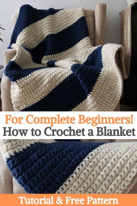 If you are new to crochet and looking for a first project, our beginner crochet blanket is a great place to start. Especially if you don't like scarves or kerchiefs. A blanket is a practical way to practice your skills because your family will be able to use it for many years. With this project you will be able to practice the fundamental skills of crochet; the running stitch to start the project and single stitch stitches throughout. Mastering these two stitches is a must for any... Crochet A Blanket, Baby Blanket Crochet Pattern Easy, Crochet Blanket Tutorial, Beginning Crochet, Throw Blanket Pattern, Crochet Patterns Free Beginner, Easy Crochet Baby Blanket, Crochet Stitches For Blankets, Lion Brand Wool Ease