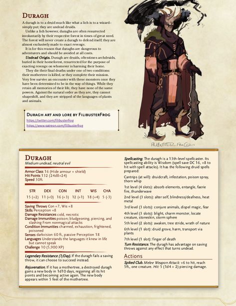 The Duragh - An undead druid resurrected by the forest in times of great need - Imgur Forest Encounters Dnd, Undead Druid, Dnd Noble, Dnd Undead, Dnd Stat Blocks, Warlock Dnd, Homebrew Monsters, 5e Monsters, Dnd Stats