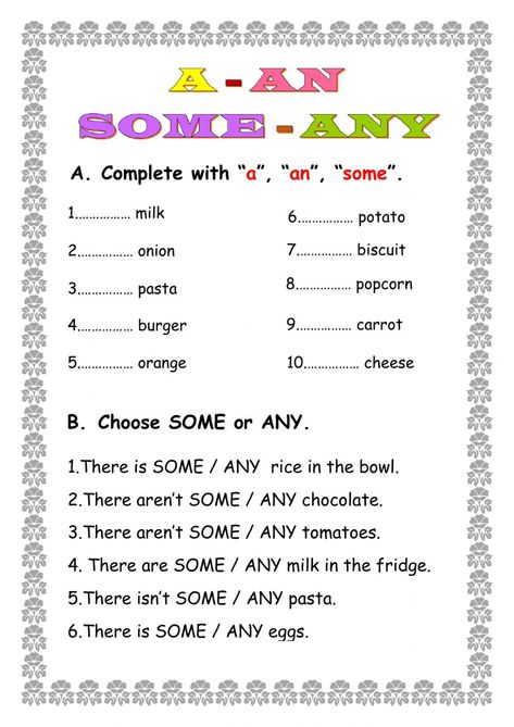 A-an-some-any - Interactive worksheet Some And Any Exercises, Any Some Worksheet, Some And Any Worksheets, A An Some Any Worksheet, Some Any Worksheet, A An Worksheet, Daily Oral Language, Food Worksheet, Root Words Activities