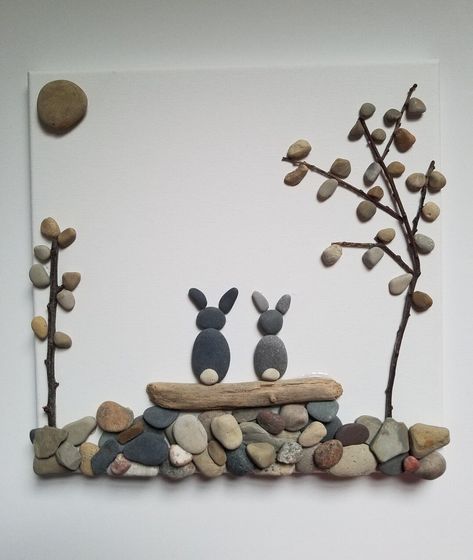 Hoppy Bunnies Pebble Art Home Decor | MakerPlace by Michaels Bunny Pebble Art, Animal Pebble Art, Pebble People, Stone Pictures Pebble Art, Seashell Beach, Stone Ideas, Handmade Wall Decor, Stone Pictures, Sticks And Stones