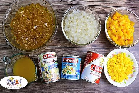 Mango Sago at Gulaman Ingredients Easy To Make Salad, Mango Health Benefits, Mango Sago, Filipino Dessert Recipes, Mango Dessert Recipes, Fast Desserts, Filipino Dessert, Mango Dessert, Milk Syrup