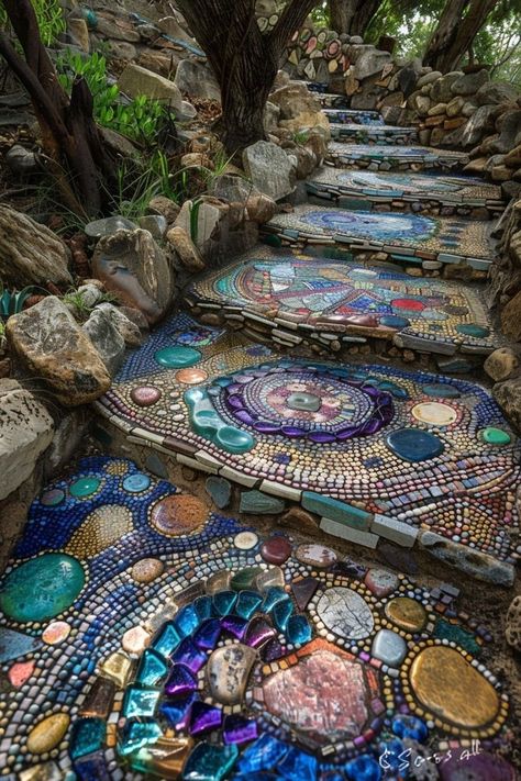 Outdoor Mosaics, Stepping Stone Ideas, Stepping Stone Pathway, Brick Pathway, Stone Ideas, Stone Pathway, Contemporary Dining Table, Backyard Porch, Stepping Stone