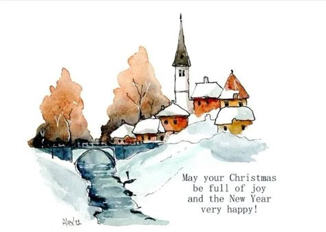 Ink And Wash, Pen And Wash, Christmas Card Art, Water Colours, Quick Sketch, Christmas Watercolor, Xmas Cards, Art Day, Old Houses