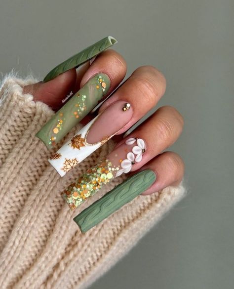 Long Acrylic Nail Designs, Long Nail Designs, Nails Easy, Nails Design With Rhinestones, Green Nail, Fall Acrylic Nails, Dope Nail Designs, Acrylic Nails Coffin Pink, Acrylic Gel