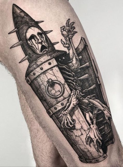 Two Inch Tattoo, Iron Maiden Medieval, Horror Blackwork Tattoo, Medieval Aesthetic Tattoo, Dark Astethic Tattoos, Body Horror Tattoo, Construction Tattoo For Men, Dark Medieval Tattoo, Gothic Tattoos Men