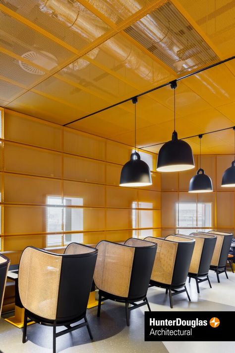 Stretch metal ceiling by Hunter Douglas Architectural Metal Ceilings, Metal Sheet Design, Wc Design, Industrial Office Design, Open Ceiling, Contemporary Ceiling, Hunter Douglas, Perforated Metal, Workspace Design