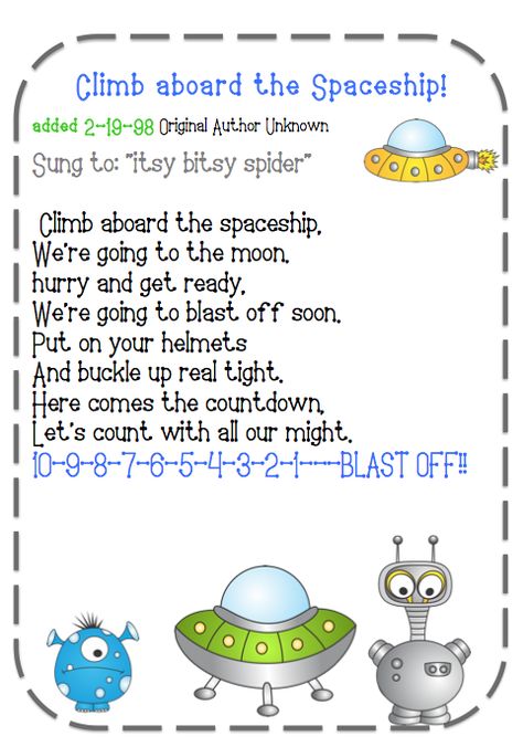 http://owensfamily-gwyn.blogspot.com.br/2013/06/alien-freebie.html Space Theme Centers Preschool, Preschool Space Theme, Song Games, Songs For Preschoolers, Space Lesson Plans, Space Theme Preschool, Space Week, Space Lessons, Space Preschool