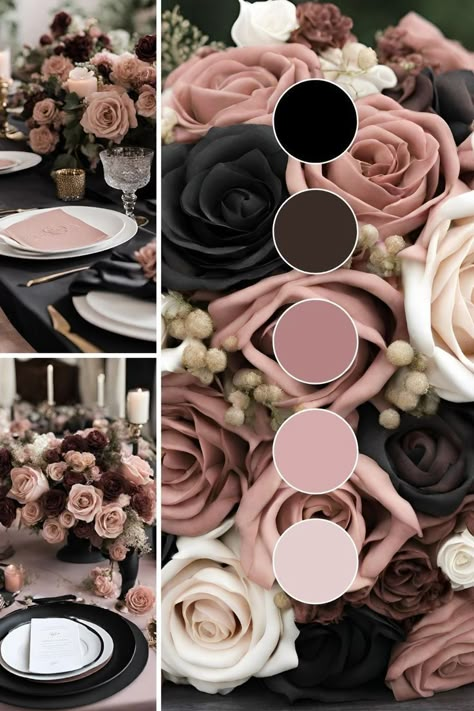 Pin on Color Palettes in 2024 | Dusty rose wedding colors, Wedding color palette, Wedding theme color schemes https://www.pinterest.com/pin/1125968651735991/sent/?invite_code=7989cf3494594df9811eb613d3eaec2e&sender=1069394011426528937&sfo=1 Blush Fall Wedding Colors, Colour Theme Wedding Ideas, Black Mauve Wedding, Mauve And Black Color Palette, Fall Wedding Colors October Blush Pink, Modern Wedding Themes Color Palettes, Dark Floral Color Palette, Black And Dusty Rose Bedroom, Dusty Rose And Brown Wedding