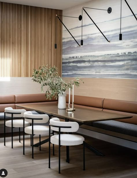 Condo Amenity Lounge, Beadboard And Wallpaper, Commercial Lounge, Off White Wallpapers, Phillip Jeffries, Dining Room Wallpaper, Dining Room Contemporary, Banquette Seating, Elegant Dining Room