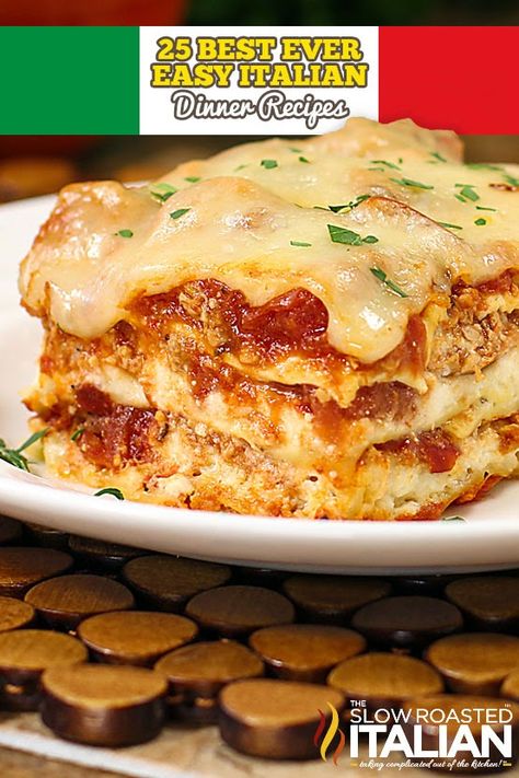 Italian Dinner Recipes that are simple and delicious are one of our favorites to make! Here are the top 25, all-time, best ever, easy Italian Dinner recipes on our site. Perfect to help you through those busy days and nights. 30-minute meals, one-skillet meals, casseroles, pasta bakes, soups and more! Best Easy Lasagna Recipe, Cheesy Lasagna Recipe, Easy Italian Dinner, Italian Sausage Lasagna, Slow Roasted Italian, Best Lasagna Recipe, Sausage Lasagna, Lasagna Casserole, Meat Lasagna