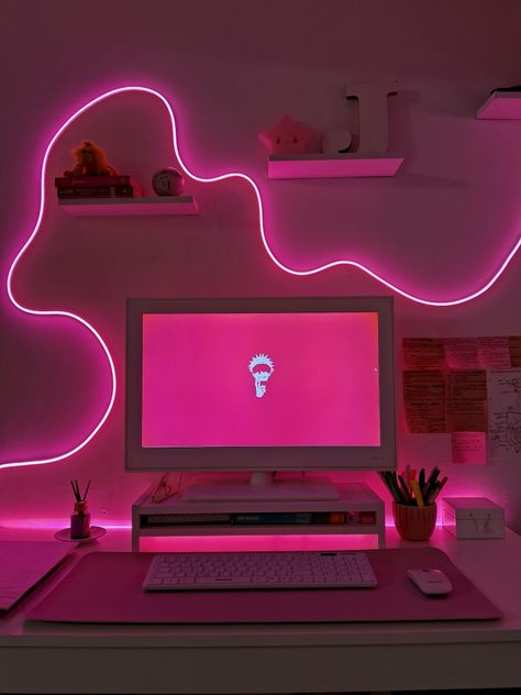 Led pink setup anime Hot Pink Gaming Setup, Led Desk Setup, Gaming Area Ideas, Black And Pink Desk Setup, Neon Workspace, Govee Neon Rope Idea, Pink Gamer Room, Streamer Room, Pink Setup