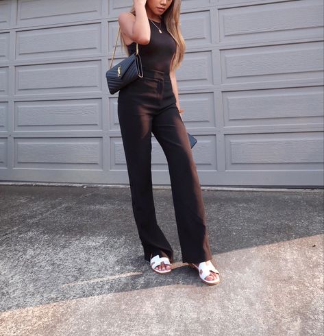 Ysl Woc Outfit, Casual Wide Leg Pants Outfit, Woc Outfit, Saint Laurent Woc, Hermes Oran Sandals, Wide Leg Pants Outfit, Outfit 2020, Black Minimal, Leg Pants Outfit