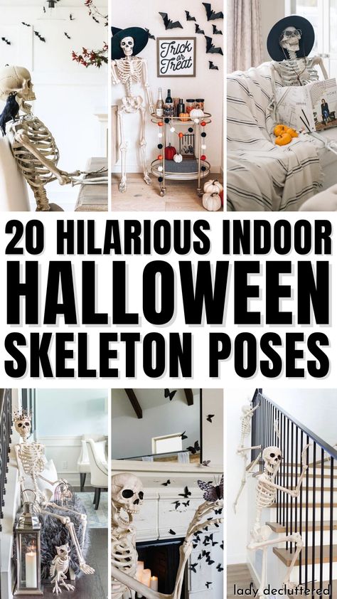 20 Hilarious Indoor Halloween Skeleton Poses Poseable Skeleton Ideas Inside, How To Decorate A Skeleton For Halloween, Skeleton Office Decorations, Posable Skeleton Ideas Inside, Skeleton Fireplace Decor, Indoor Skeleton Decor, Skeleton Office Decor, Skeleton Staging Ideas, Skeleton Halloween Decorations Indoor