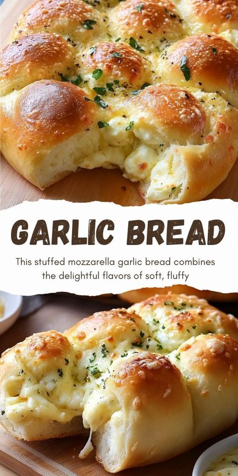 Stuffed Mozzarella Garlic Bread Ingredients: For the Bread: 160 ml milk (2/3 cup) 4 g (1 tbsp) instant dry yeast 30 g (3 tbsp) sugar 200 g (1 1/2 cups) bread flour (strong flour) or all-purpose flour 4 g (1 tsp) salt 25 g (2 1/2 tbsp) unsalted butter, softened 160 g mozzarella cheese, divided into portions #Garlic #Bread Easy Recipes With All Purpose Flour, Easy Stuffed Bread Recipes, Mozzarella Stuffed Rolls, How To Make Garlic Cheese Bread, Things To Make With Bread Flour, What Can I Make With Bread Flour, Bread Flour Bread Recipe, Instant Yeast Recipes Desserts, Recipes With Instant Yeast