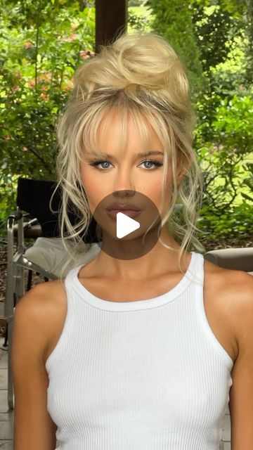 Domenic Pelli on Instagram: "@ellykathryn MUA @kaylaaperez_ 🤍 Styled with @natalieannehaircare   #behindthechair #hairvideo #hairvideos #hairfashion #hairlook #hairandmakeup #hairtrends #90s #90sfashion #pamelaanderson #hollywoodglam #hairup #upstyle #blonde #blondehair #bangs #hairart #hairartist #hairstyle #hairstylist #hairstyling #viralvideos #makeup #glam #sydneyhair #dompellihair" High Updo With Bangs, Pam Anderson Hair, Bridesmaid Hairstyles With Bangs, Pam Anderson Bun Tutorial, Pam Anderson Bridal Hair, Updo With Bangs, Pam Anderson Bun, Pamela Anderson Bun Wedding, Pam Anderson Wispy Bangs