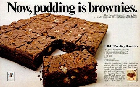 Jell-O pudding brownie recipe (1968) - Click Americana Chocolate Ads, Jello Pudding Recipes, Pudding Brownies, Pudding From Scratch, Brownie Pudding, Moist Brownies, Chocolate Pie With Pudding, Food Holidays, Pudding Flavors