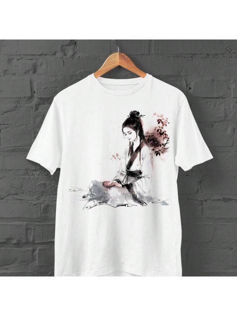 Beautiful Japanese Geisha Shirt  Harajuku  Japanese Streetwear  Japan Girl Tshirt  Y2K Top  Anime Shirt  Japanese Shirt  Geisha Shirt (1) White Casual  Short Sleeve Knitted Fabric Figure,Plants,Random Print  Slight Stretch Spring/Summer/Fall Women Clothing, size features are:Bust: ,Length: ,Sleeve Length: