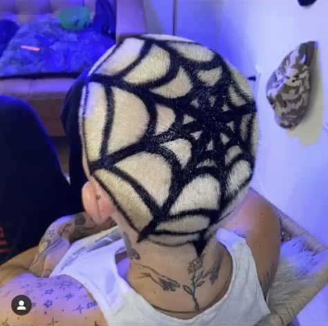 Cool Shaved Head Designs, Painted Shaved Head, Spider Web Buzzcut, Spiderweb Buzzcut, Shaved Hair Designs Men, Hair Designs Shaved, Buzzcut Dyed Hair Men, Buzzcut Dyed Hair Designs, Buzzed Hair Designs