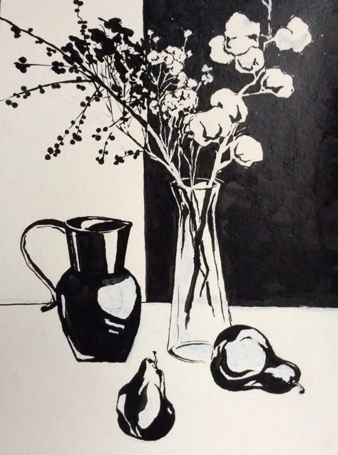 Still Life Pen Sketch, Abstract Still Life Drawing, Still Life Linocut, Flower Vase Sketch, Monotone Painting, Contrast Drawing, Paintings Black And White, Lino Art, Linocut Art