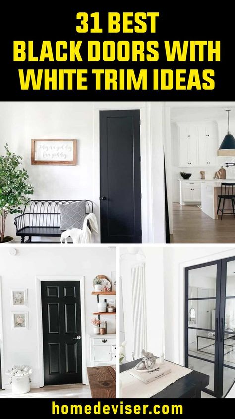 31 Best Black Doors With White Trim - Photos & Ideas! Feeling uninspired? Browse these 31 show-stopping Black Doors With White Trim and prepare to be amazed. This timeless look is a surefire way to add instant style. Black Interior Doors With White Trim Modern Farmhouse, Black Doors And Windows, Minimalist Door Trim, Black Entry Door Interior, Black Door With White Trim, Black Interior Doors With White Trim, White Walls Black Doors, Black Door White Trim, Black Doors With White Trim