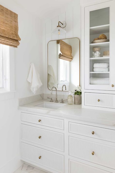 White And Nickel Bathroom, Bathroom Hardware Trends 2022, Alcove Vanity Bathroom, Storage Behind Shower Wall, White Double Vanity Bathroom Ideas, Small Master Vanity, Reeded Bathroom Cabinet, Mindy Gayer Design Bathroom, Colonial Bathroom Remodel