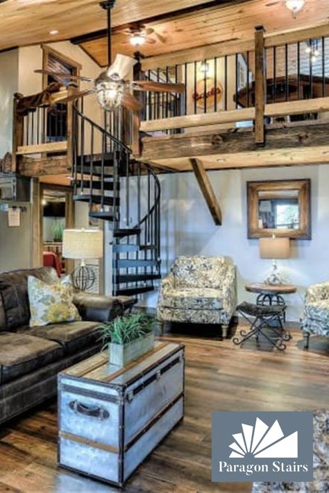 The Perfect Affordable Spiral Stair For A Cabin In The Woods From Paragon Stairs Barn House Kits, Barndominium Interior, House Loft, Cabin Interiors, Barn Style House, A Frame House, Design Del Prodotto, Traditional Living Room, Barn Style