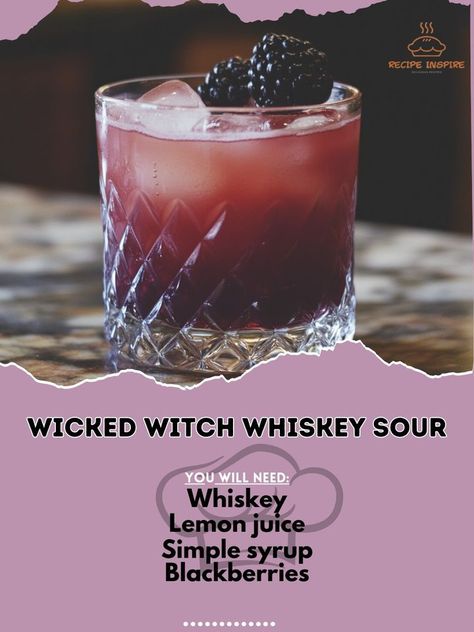 Whiskey 2 oz\nLemon juice 1 oz\nSimple syrup 1 oz\nBlackberries for garnish\nIce\nShake whiskey, lemon juice, and simple syrup with ice.\nStrain into a glass filled with ice.\nGarnish with blackberries.\n#WickedWitchWhiskeySour #HalloweenCocktails #WitchySips Halloween Whiskey, Blackberry Whiskey, Spooky Drinks, Perfect Dinner Party, Fall Cocktails Recipes, Mixed Drinks Alcohol, Happy Hour Drinks, Whiskey Sour, Halloween Cocktails