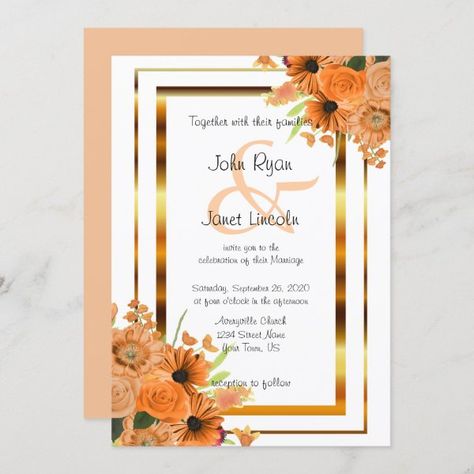 Orange Flowers On White Wedding Invitations Orange Wedding Invitations, Orange Wedding Flowers, Classy Wedding Invitations, Summer Wedding Invitations, Rose Wedding Invitations, White Wedding Invitations, Wedding Anniversary Invitations, Lace Wedding Invitations, Flower Wedding Invitation