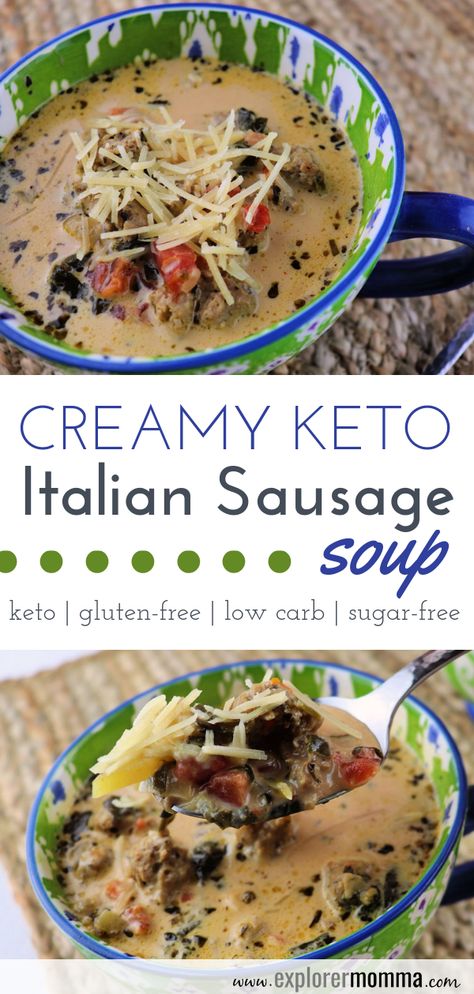 Delicious Creamy Keto Italian Sausage Soup. Need a low carb, gluten-free, easy recipe for a family dinner? Comforting and full of flavor, your family will love you. #ketorecipes #lowcarbsoups Keto Italian Sausage Soup, Drinks Soda, Keto Italian, Italian Sausage Soup, Keto Drinks, Boiled Egg Diet Plan, Resep Diet, Drinks Coffee, Keto Soup