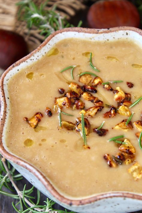 This Potato Chestnut Soup recipe is overflowing with delicious earthy, warming flavors. Made with fresh roasted chestnuts and rosemary, this is an ideal fall and winter soup, and is especially lovely during the holiday season. #chestnuts #soup #potatoes #rosemary #roastedchestnuts Chestnut Soup, Breakfast Tacos Recipe, Chestnut Recipes, Vegan Ideas, Winter Soup, Vegan Challenge, Cozy Weekend, Winter Dishes, Weekend Cooking