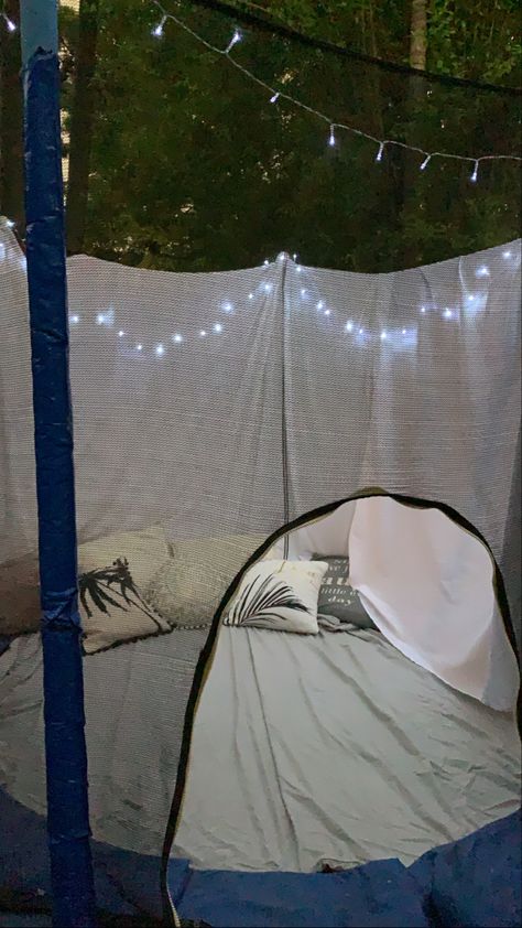 Backyard Camping Sleepover, Trampoline Sleepover, Small Trampoline, Fun Sleepover Activities, Tent Set Up, Blanket Fort, Sleepover Activities, Summer Lake, Trampolines