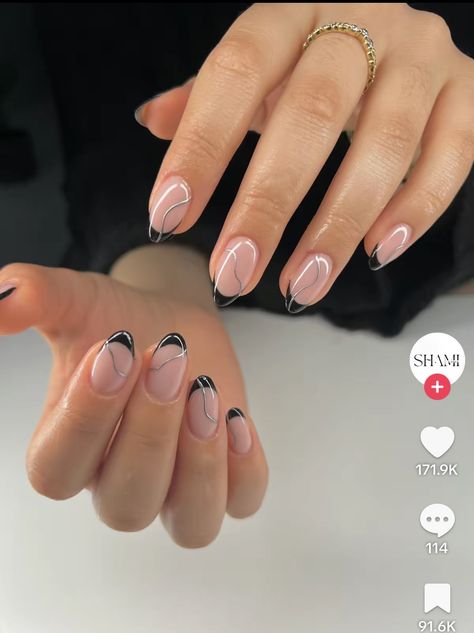 French Tips With Chrome, Short Almond French, Almond French Tips, Almond Acrylic Nails Designs, Concert Nails, Abstract Nail, Abstract Nail Art, Short Almond, Simple Gel Nails