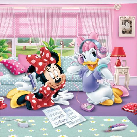 Disney Wall Murals, Minnie And Daisy, Mouse Pictures, Daisy Wallpaper, Retro Disney, Disney Wall, Pink Minnie, Mickey Mouse Cartoon, Theme Background