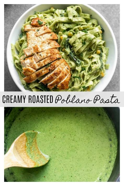 Creamy Roasted Poblano Pasta: Silky strands of tagliatelle pasta twirled in a smoky, spicy, DELICIOUS Poblano Cream Sauce. There's also hints of cilantro and garlic - yum! Perfect for date night, Friday night, or really, any night. Pasta With Poblano Cream Sauce, Green Pepper Pasta Sauce, Chile Poblano Spaghetti Recipe, Green Pasta Mexican, Cilantro Pasta Sauce, Spaghetti Poblano Recipe, Chicken Poblano Pasta, Green Pasta Recipe Mexican, Chile Poblano Pasta