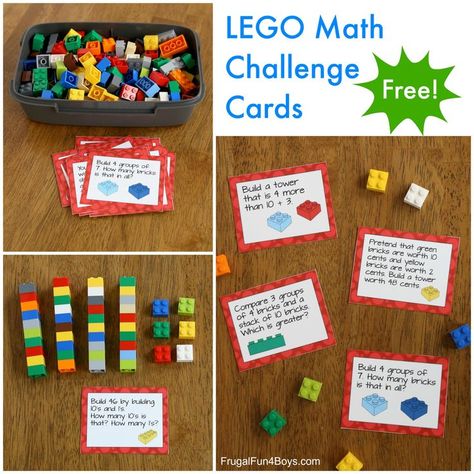 LEGO Math Printable Challenge Cards – Frugal Fun For Boys and Girls Counting Coins Activities, Lego Learning, Lego Math, Math Night, Lego Challenge, Lego Education, Lego Club, Lego Activities, Math Challenge