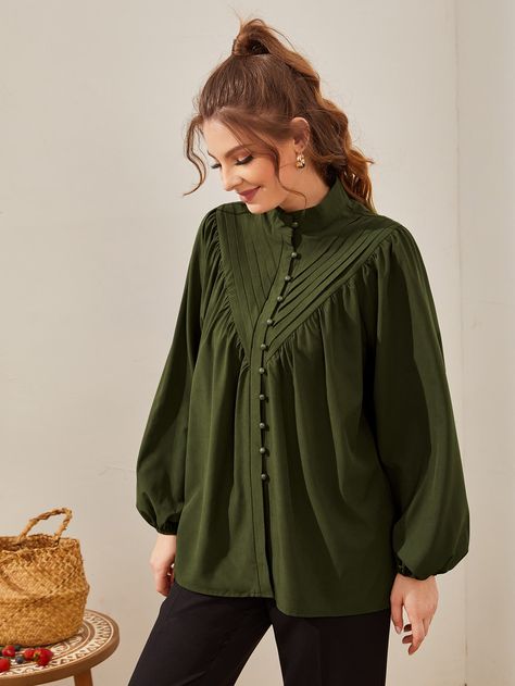 Fold Pleated Lantern Sleeve Blouse Tops Designs Long, Stylish Long Tops For Women, Modest Fashion Casual, Green Outfits For Women, Tops For Women Stylish, Green Top Women, Turkey Dress, Green Shirts, Western Dresses For Women