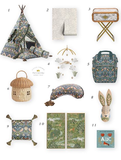 Botanical Morris & Co Inspired Nursery Decor - Little Crown Interiors Morris And Co Nursery, William Morris Nursery, Camping Theme Bedroom, Bunny Wall Decor, Nursery Interior Design, Nursery Interior, Theme Bedroom, Nursery Trends, Bird Throw Pillow